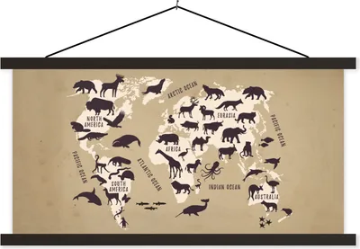Produktbild von MuchoWow® Textilposter Weltkarte - Tiere - Schatten 90x45 cm mit schwarzem Rahmen - Klemmleisten