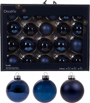 Produktbild von 21er Set Glas Weihnachtskugeln, Marineblau, 5/6/7 cm, Matt & Glänzend, Edle Christbaumdeko
