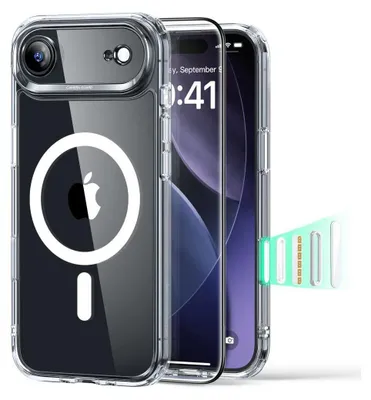 Three iPhone cases are displayed diagonally against a white background. The case on the left is shown from the back, highlighting the camera bump and the Apple logo. The middle case is shown from the side, revealing the screen displaying the time and date.