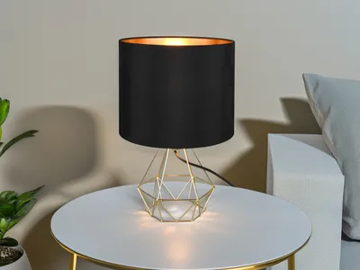 Produktbild von Ausgefallene Tischlampe mit Gitter und Stoff Lampenschirm Schwarz Gold Höhe 38cm