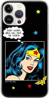 A phone case with a comic-style illustration of Wonder Woman and a speech bubble.