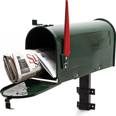 Image de Wiltec Kit Boîte aux lettres américaine et support mural, 180 x 220 x 480 mm, Verte, Acier galvanisé, Boîte postale US Mailbox avec fanion rouge