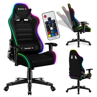 A collage of images showing a gaming chair with RGB lighting, a remote control, and different angles of the chair.