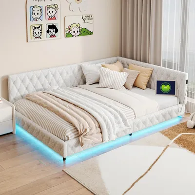 Obrázek produktu pro Polstrovaná rozkládací pohovka - rám postele 140 x 200 cm - LED osvětlení - USB port - úložný prostor - rošt - béžová barva