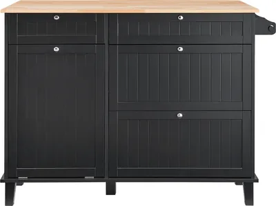 Obrázok produktu pre SucceBuy Kuchynský ostrovný vozík, 50 "Drevený horný raňajkový bar s výklopnou odpadkovou skrinkou na 10 galónov, jedálenský stôl s klesajúcim listom, uterákom, zásuvkou, čierny