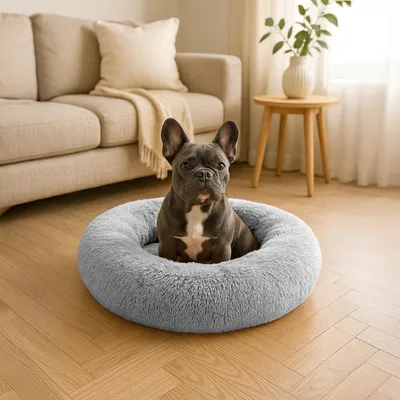 Obrázek produktu pro pelíšek pro psy belviona donut, plyšový pelíšek s měkkou výplní, bezpečným držením a ergonomickým okrajem, průměr 70 cm, světle šedý