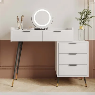 Image de AIORBER Coiffeuse, avec miroir LED & 5 tiroirs, coiffeuse, avec miroir à luminosité réglable, MDF de haute qualité, pour chambre à coucher, blanc
