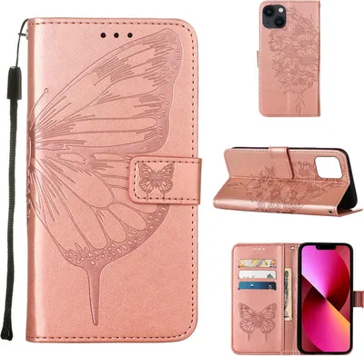 Obrázek produktu pro iPhone 13 Pouzdro, Motýlí Reliéf Flip Kožené Pouzdro s Kapsami na Karty a Stojánkem pro iPhone 13 Růžové zlato