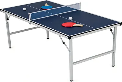 A table tennis table with two paddles and balls.