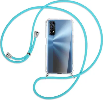 Produktbild von Handykette Backcover-Schutzhülle mit Band (Metall silberfarben) für Realme 7 (RMX2151) - türkis