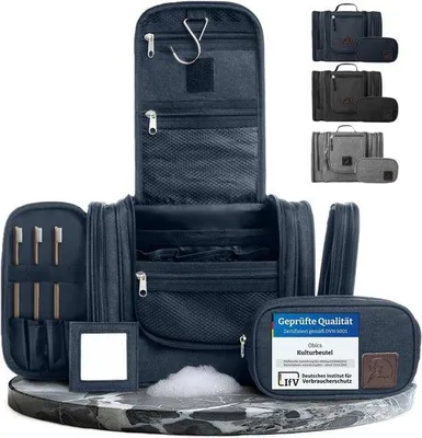 Produktbild von Kosmetiktasche für Damen und Herren – Große Reisekosmetiktasche – Blau – Wasserabweisend – 10 Fächer – Ideal für Urlaub und Sport