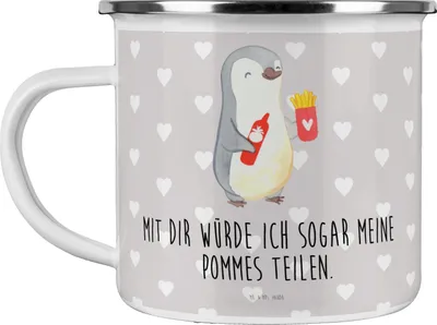 Produktbild von Mr. & Mrs. Panda Teetasse Pinguin Pommes - Grau Pastell - Geschenk, Emaille Tasse, Pott, Hochzeitstag, becher, Valentinstag, Freundin, Haferl, für, Frauen, Mitbringsel