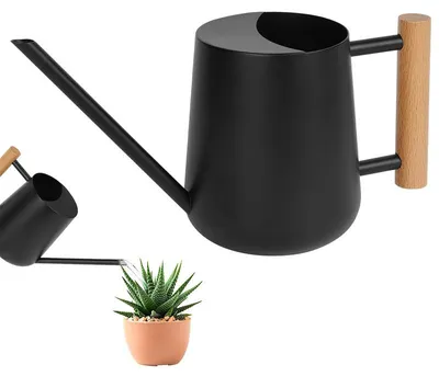 Produktbild von Gießkanne aus Edelstahl, Gartengießkanne mit Holzgriff, großes Fassungsvermögen 1000 ml, gewölbter Boden, Überlaufschutz, schwarz