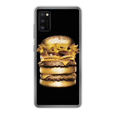 Produktbild von MuchoWow® Handyhülle Schutzhülle Hülle für Samsung Galaxy A41 Goldener Hamburger auf schwarzem Hintergrund. Silikon Softcase Handy Hülle - Mobiltelefon