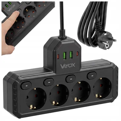 Produktbild von Vayox Steckdosenleiste 4-Fach Schuko 2m Schwarz | Einzeln Schaltbar Mehrfachsteckdose 2x USB-C 2x USB-A 2.1A | 2500W Mehrfachstecker Schuko