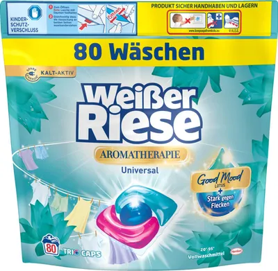 Produktbild von Weißer Riese Universal Trio Caps Aromatherapie 80WL – 4 Packungen Waschmittel Caps, strahlende Sauberkeit & Frischeduft, 320 Waschgänge