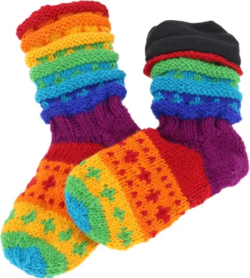 Produktbild von Handgestrickte Gefütterte Schafwollsocken, Bunte Haussocken, Hüttensocken, Nepal Socken - Regenbogen, Uni, Mehrfarbig, Wolle, Größe: L (41-43)
