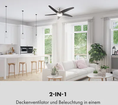 Produktbild von Klarstein Bolero - 2-in-1-Deckenventilator 134cm durchmessender Ventilator, Leuchte 55W Leistung, Holzflügel, Fernbedienung, 50 dB, 3 Drehgeschwindigkeiten: schnell, mittel, langsam, Walnuss