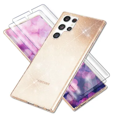 Produktbild von Glitzer Hülle für Samsung Galaxy S23 Ultra, 2x Displayschutz Folie Gold