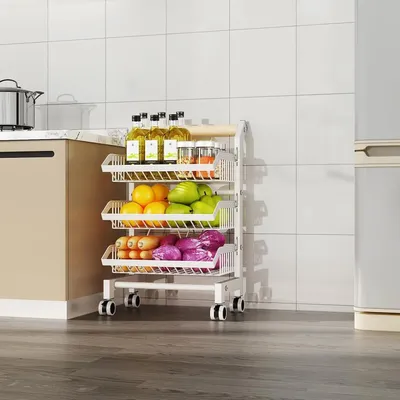 Immagine prodotto di Carrello da cucina mobile con 3 ripiani - Scaffale da cucina su ruote - Struttura in metallo in acciaio inossidabile - Piano in legno - Ruote bloccabili - Dimensioni regolabili - Bianco