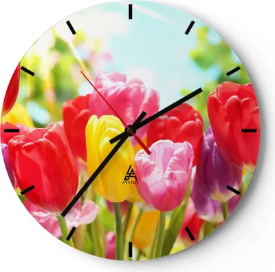 Produktbild von Wanduhr - Rund - Glasuhr - Tulpe Blume Garten Plantage - 40x40cm - Schleichendes Uhrwerk - Lautlos - zum Aufhängen bereit - Dekoration Modern - Wanddekoration aus Glas - C3AR40x40-2466