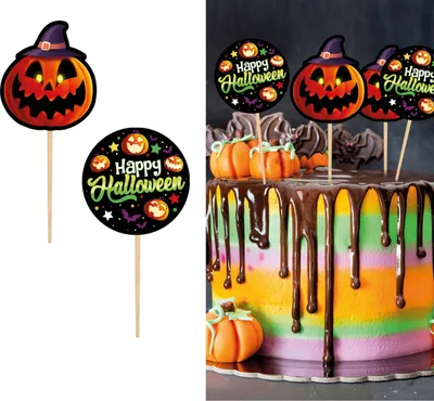 Produktbild von Halloween Kürbis Tortenstecker Party Dekoration Gruselige Feier Tortendekor grinsender Kürbis Hexenhut Gruselnacht Torte Essdeko Saisongeometrien, Farbe: Mehrfarbig