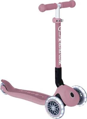 A pink Globber scooter with light-up wheels against a white background.