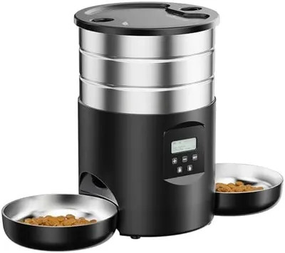 Produktbild von Futterautomat Katze 2 Näpfe Katzenfutter Automat: Edelstahl Futterspender Katze Programmierbarem Timer - 5L Hund Futterautomaten - Trockenfutterspender Zwei Stromquellen - für Klein/Mittlere Haustiere