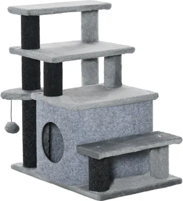 Produktbild von Haustiertreppe 3/4-stufige Katzentreppe mit Schlafhöhle & Spielball, Plüschbezug, stabile Spanplatte für Katzen,