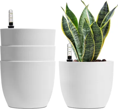 Image de T4U 18cm Pot de fleurs auto-irrigant Blanc Lot de 4 pour l'intérieur et l'extérieur