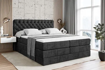 Produktbild von ALTDECOR Boxspringbett mit 2 Matratzen und Topper - 160x200 cm - BOXI8 KING - Schwarz Samt - Polsterbett mit, H3- und H4- Matratzen, Bettkasten und Lattenrost, Bett mit Stauraum