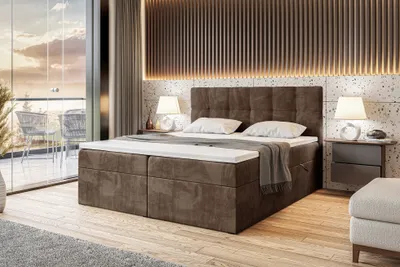 Produktbild von MEBLINI Boxspringbett mit Bettkasten - Gepolstert Doppelbett mit Matratze und Topper - Polsterbett mit Stauraum - Bett mit Kopfteil - Stauraumbett - RACO - 160x200 - H4/Braun Samt
