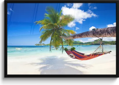 Produktbild von MuchoWow® MuchoWow® Gerahmtes Poster Strand - Hängematte - Meer - Palme 90x60 cm - Poster mit zchwarzem Bilderrahmen - Fotorahmen - Foto-Plakat