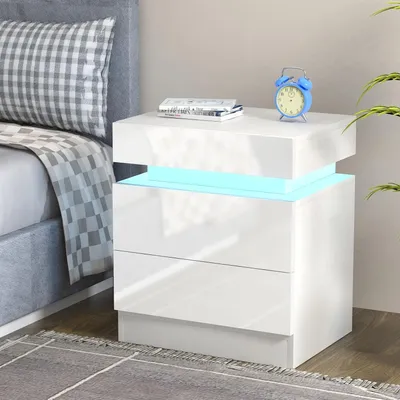 Produktbild von Nachttisch mit Steckdose & USB,LED Weiß Front Hochglanz Nachtkommode,Smart Nightstand,Beistelltisch Kommode Sofatisch für Schlafzimmer 45x40x52cm