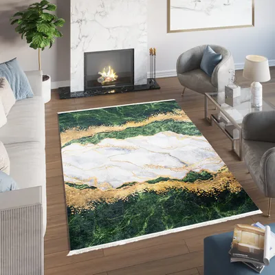 Obrázok produktu pre Koberec do obývačky s krátkym vlasom moderný dizajn strapce zeleno šedý zlatý ÖKOTEX 140 x 200 cm