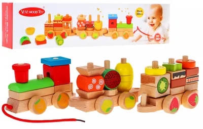 Obrázek produktu pro Dřevěná lokomotiva s třídiči pro děti 3+ Senzorická hračka + 27 kostek