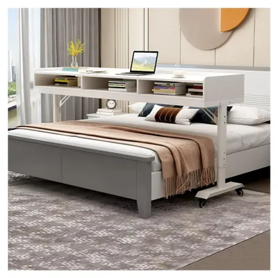 Immagine prodotto di Scrivania da letto con cassetto, regolabile in altezza e dotata di rotelle, ideale per uso domestico e ospedaliero (bianca, 150 cm)