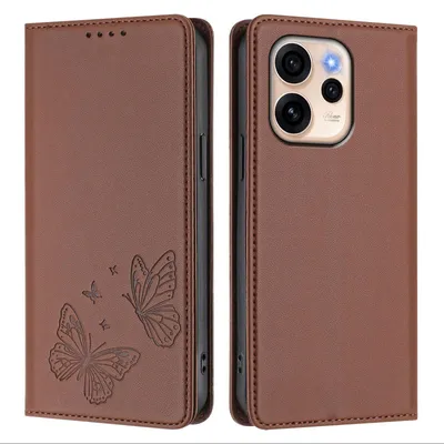 Image de Étui en cuir pour Oppo Reno15 F, étui de protection type portefeuille en cuir gaufré « papillon » avec support, marron