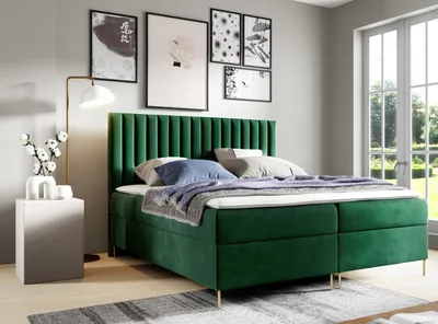 Produktbild von Sofello Boxspringbett 140 x 200cm mit Bettkasten TOPPER 5cm Gratis Grün Velour hohe goldene Beine