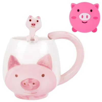 Obrázok produktu pre Keramická hrnček s motívom prasiatka, ružová, s lyžičkou a podšálkou, objem 400 ml