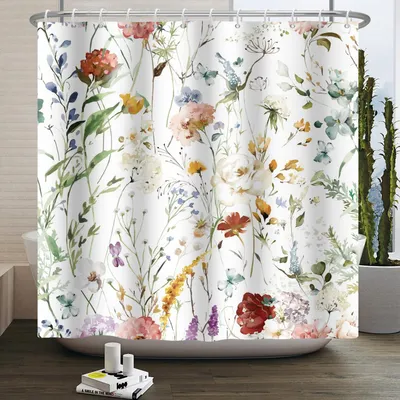 Produktbild von Omgoods – Duschvorhang mit Aquareell-Pflanzenmotiv, 60 x 72 Zoll – Bunte und schnelltrocknende Boho-Badezimmerdekoration