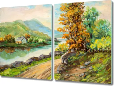 Produktbild von Coloray Hackbrett Küchenbrett Kochplattenabdeckung Schneidebrett Herdabdeckplatte 2x40x52 cm - Das Dorf Baum Fluss