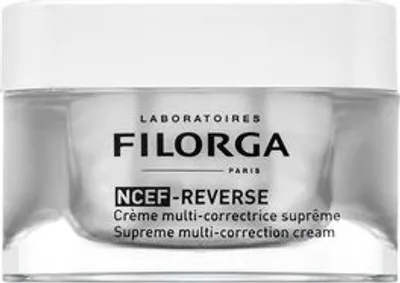A close-up studio shot of a Filorga NCEF-REVERSE Supreme Multi-Correction Cream jar.