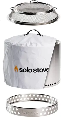 A collage of three accessories for a Solo Stove Bonfire fire pit: a spark screen, a cover, and a base ring.