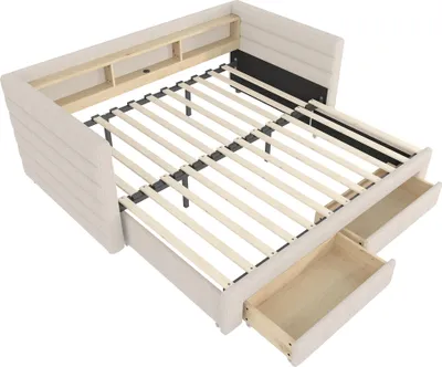 Produktbild von Flieks Schlafsofa Polsterbett 90x190cm mit Led und Ladefunktion, Tagesbett Daybed mit 2 Schubladen und offenen Staufächern, Samt, Beige