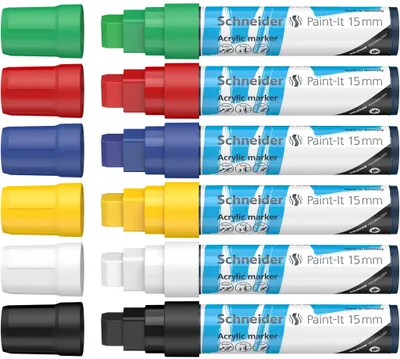 Produktbild von Schneider Schreibgeräte Paint-It, 6 Stück(e), Schwarz, Blau, Grün, Rot, Weiß, Gelb, Block, Schwarz, Blau, Grün, Rot, Weiß, Gelb, Rund, 1,5 cm