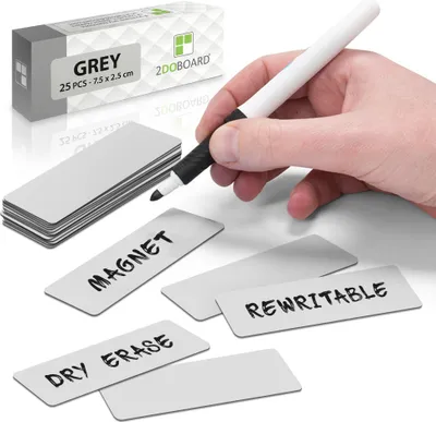 Produktbild von 2DOBOARD Magnetstreifen beschreibbar - 7,5 cm x 2,5 cm Grau - 25 Stück - Wochenplaner, Organizer – Für Metallschränke, Kühlschränke, magnetische Oberflächen
