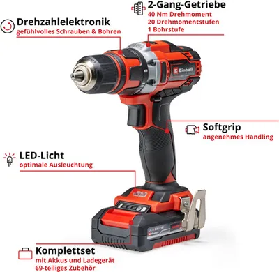 Produktbild von Einhell Power X-Change Akku-Bohrschrauber-Set TE-CD 18/40 Li +69 (2x2,0 Ah)