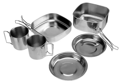 Produktbild von Edelstahl Kochgeschirr Set für Outdoor-Aktivitäten wie Picknick, Wandern und Grillen mit Topf, Pfanne, Tellern und Bechern