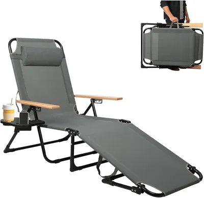 Imagen del producto de Tumbona plegable con reposacabezas, tumbona para jardín resistente a la intemperie, tumbona plegable para playa y camping con reposabrazos de madera, ideal para balcón, jardín, piscina y playa, con capacidad de hasta 150 kg (gris)